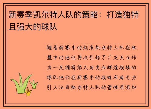 新赛季凯尔特人队的策略：打造独特且强大的球队