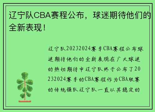 辽宁队CBA赛程公布，球迷期待他们的全新表现！
